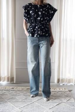 NEW ALYSI printed cotton tie waist top in black
